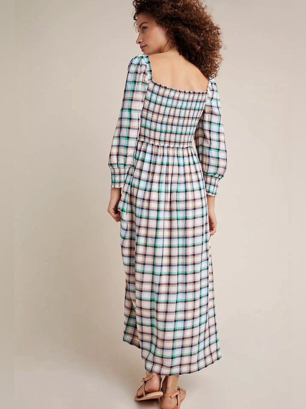 Anthropologie Maeve Cerie Smocked Midi Dress Boho Plaid Green Pockets S - Picture 2 of 5